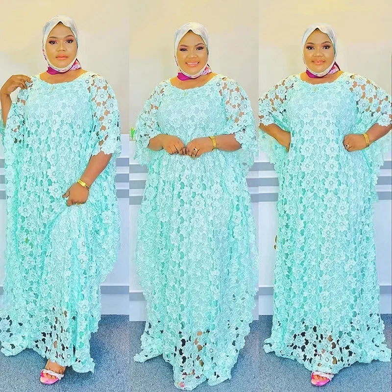 White Lace Hollow Africa Dresses for 2023 Muslim Women Dress African Clothes Dashiki Taditional Boubou Arabic Robe Femme Ramadan