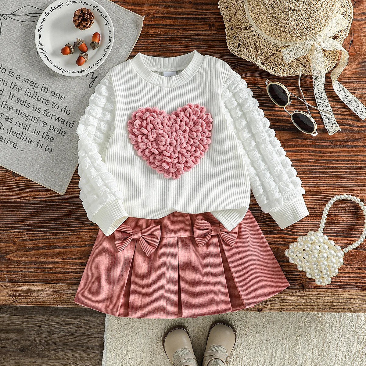 2PCS Children Spring Autumn New Style For Kids Girls 1-6Y Sweet Bubble Sleeve With Heart Top + Short Skirt With Bow Clothes Set