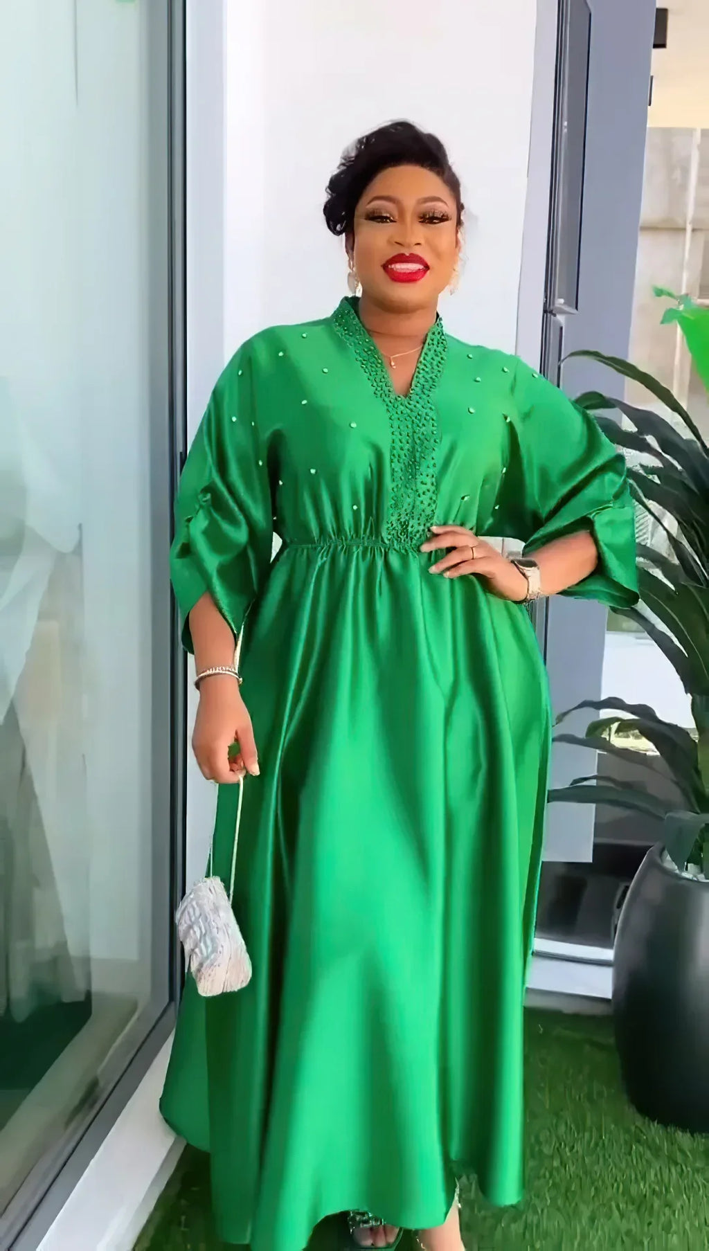 Women Elegant Shiny Satin Loose Party Dress V Neck Beading High Waist Long Gowns Formal Celebrate Evening Event Birthday Robes