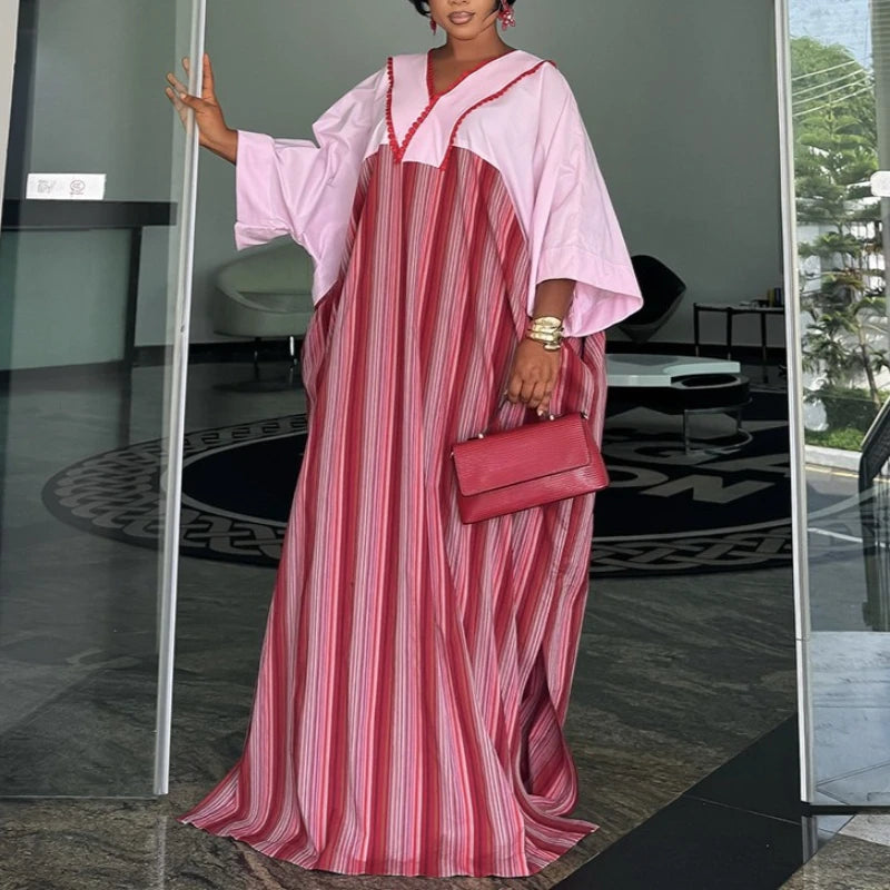 African Kaftan Bubu Dress Women Striped Printed V Neck 3/4 Sleeve Loose Maxi Gowns Elegant for Wedding Ramadan and Formal Event