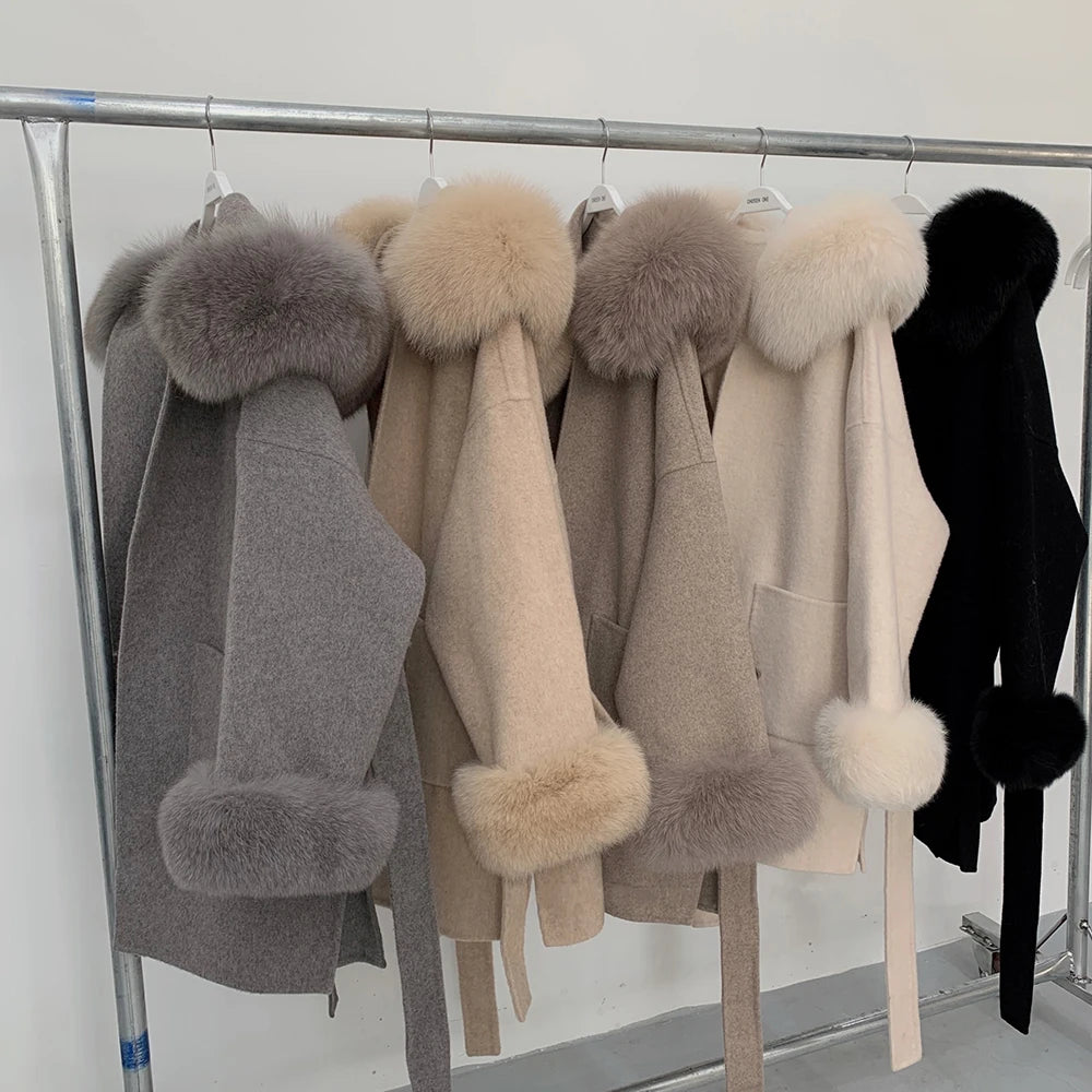 Faced Wool Ladies Winter Jacket Hooded coats Women Luxurious Real Fox Fur Coat Lose Clothing Cashmere Double