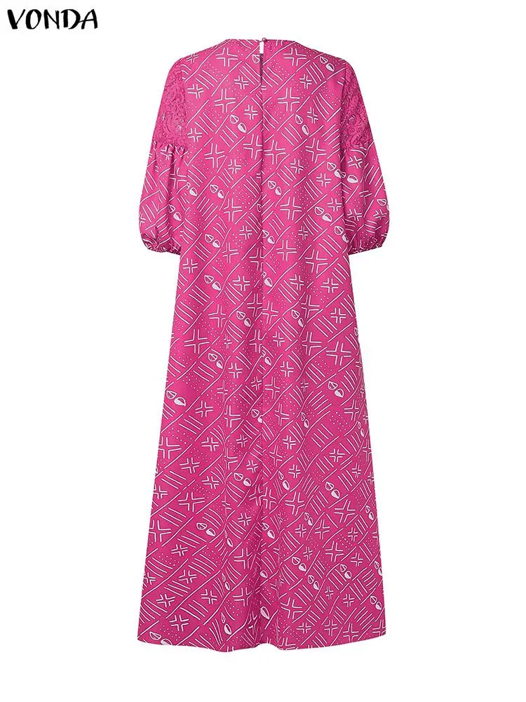 5XL Women Party Dress Plus Size VONDA Vintage Sundress 2025 Casual Loose Lace Patchwork Robe Fashion Half Sleeve Vestidos