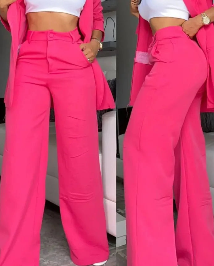 Women Pant Sets Two Piece Set Pants Turn Down Collar Single Breasted Tracksuit Outerwear Ankle Length Straight Pockets Loose
