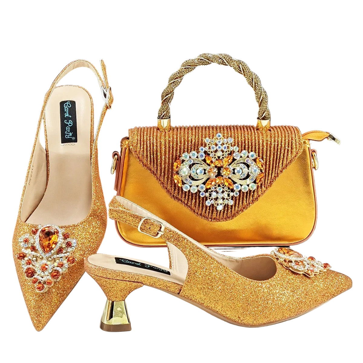 Italian Design Peach Color Pointed Toe Shoe & Bag Set Rhinestone Luxury  Women's High Heels for Parties By QSGFC