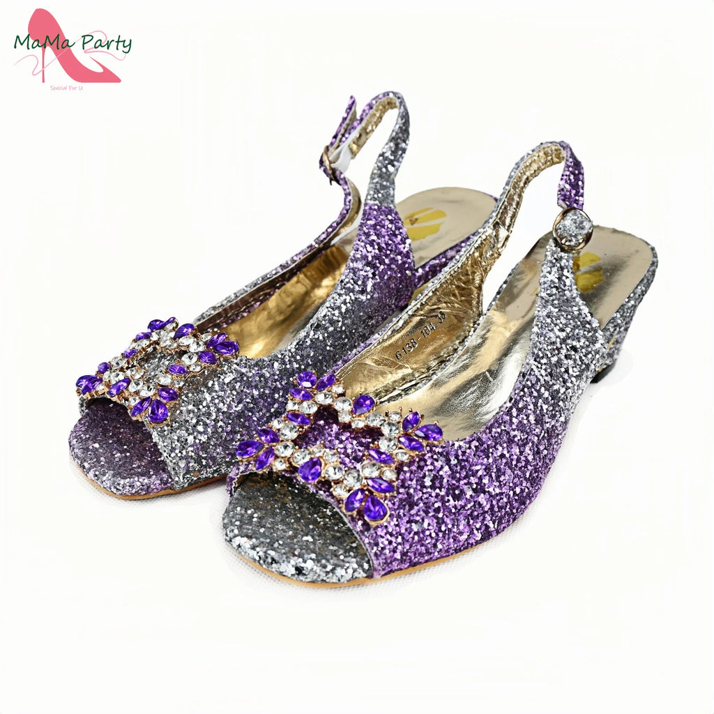 Purple Color New Design Italian Shoes and Bag Set for Wedding Low Heels Shinning Crystal Peep Toe Platform
