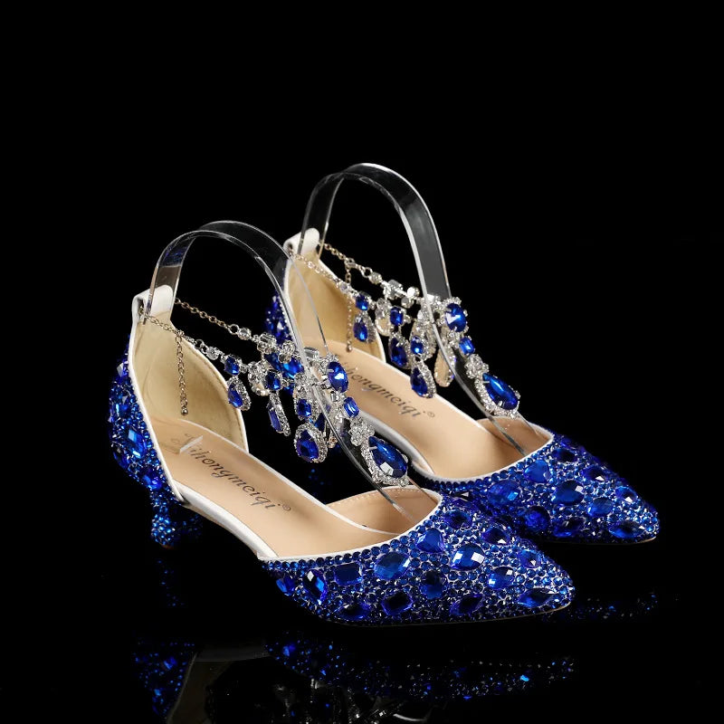 New 5cm Rhinestone shoes buckle round heel blue pointed Crystal Wedding sandals social dance Prom shoes Latin  shoes size 35-43
