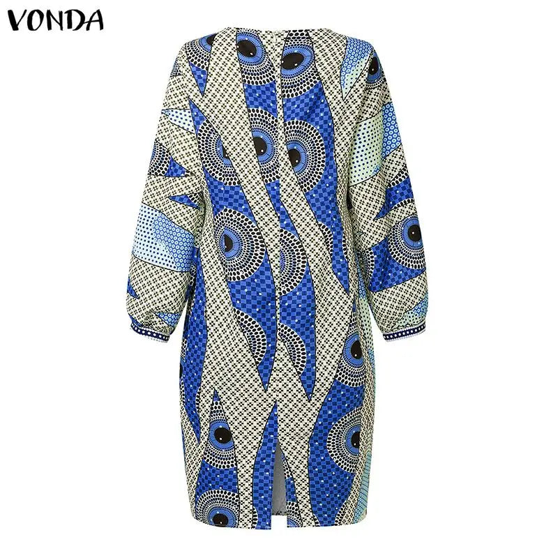 Plus Size VONDA Bohemian Midi Dresses Women Fashion Long Sleeve Print Vintage Party Long Vestidos 2026 Casual Oversize Robe 5XL
