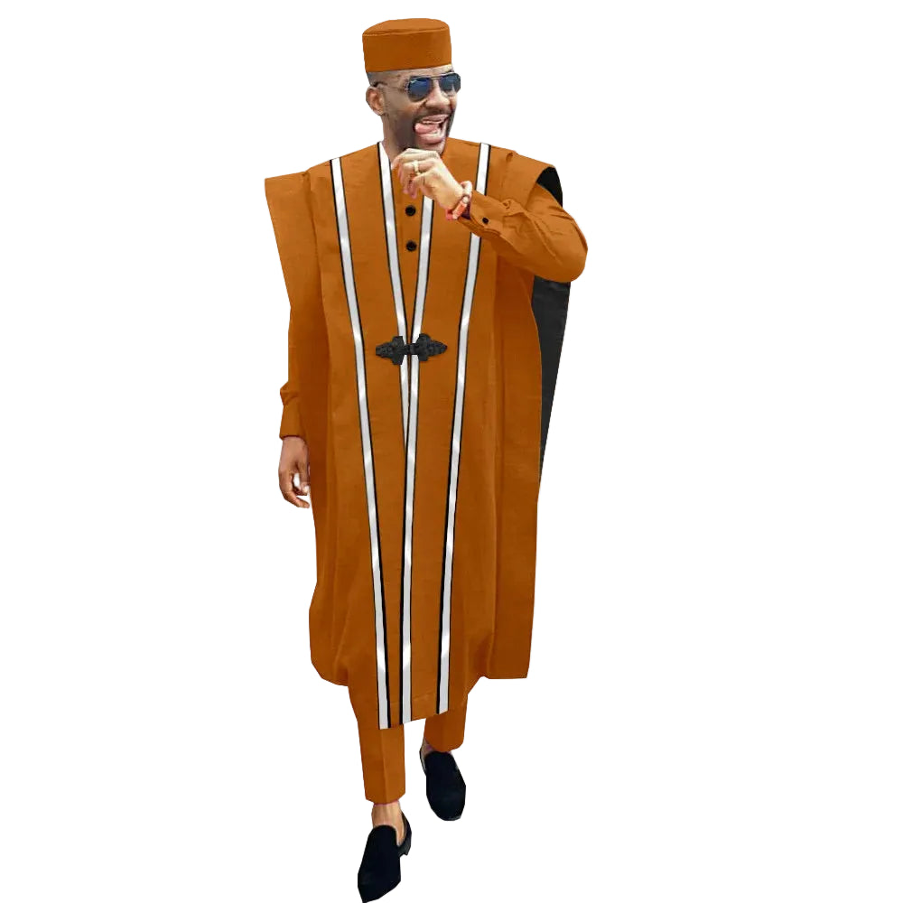 African Men Clothing Agbada Robe Dashiki Shirts Ankara Pants Tribal Hat Wedding Evening Outfits 4 Pieces AFRIPRIDE A1816011