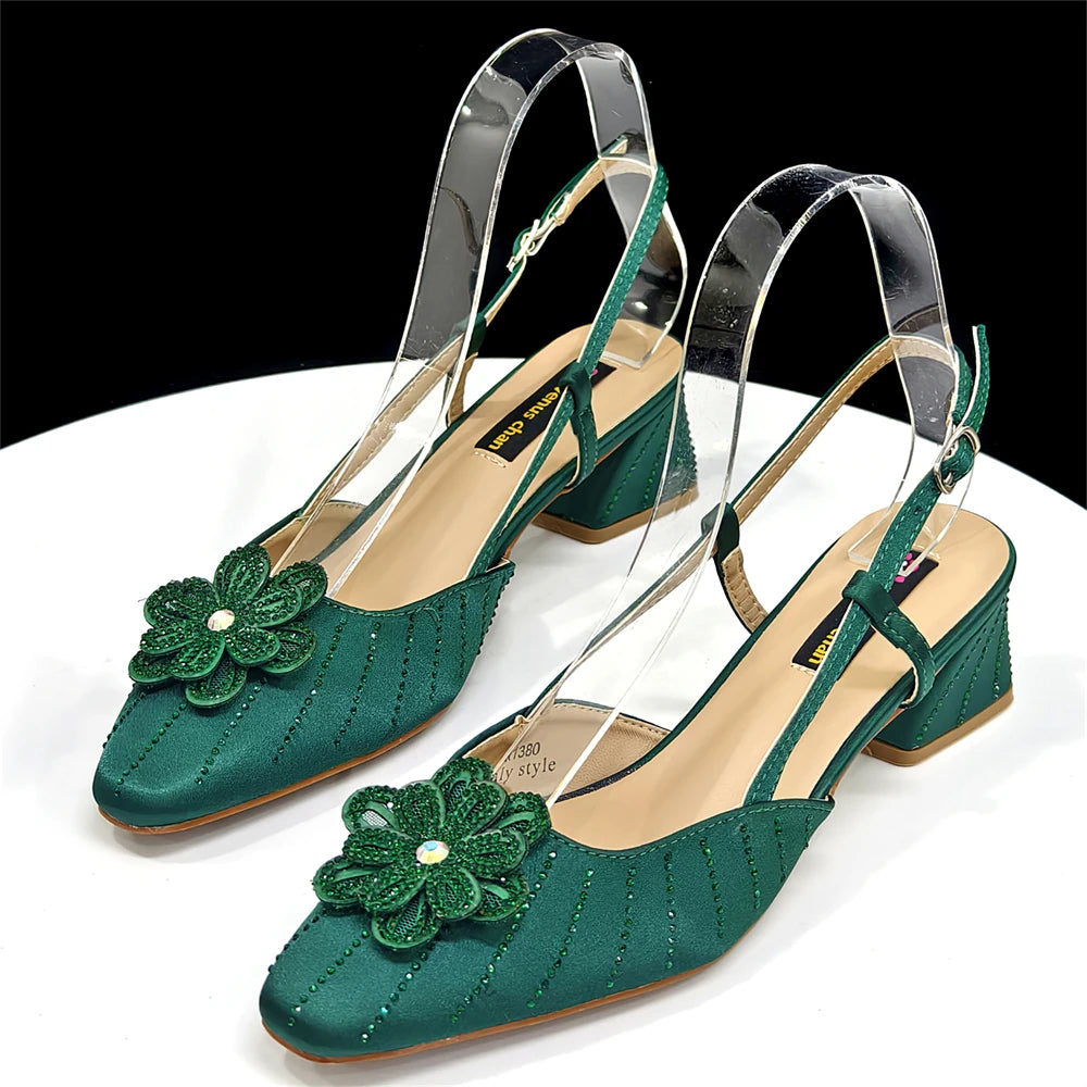 2026 New Elegant Italian Women's Black Heels with Rhinestones and Floral Accents & Matching Clutch Bag Set – Ideal for Parties