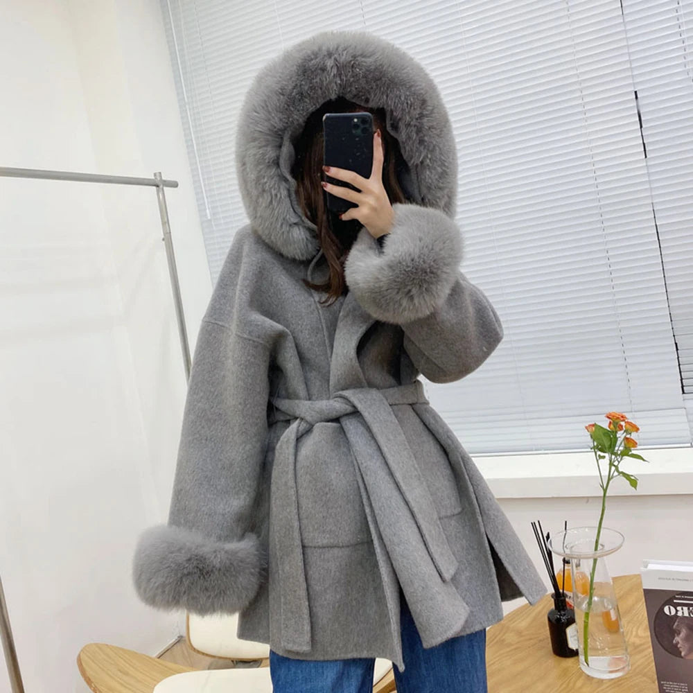 Faced Wool Ladies Winter Jacket Hooded coats Women Luxurious Real Fox Fur Coat Lose Clothing Cashmere Double