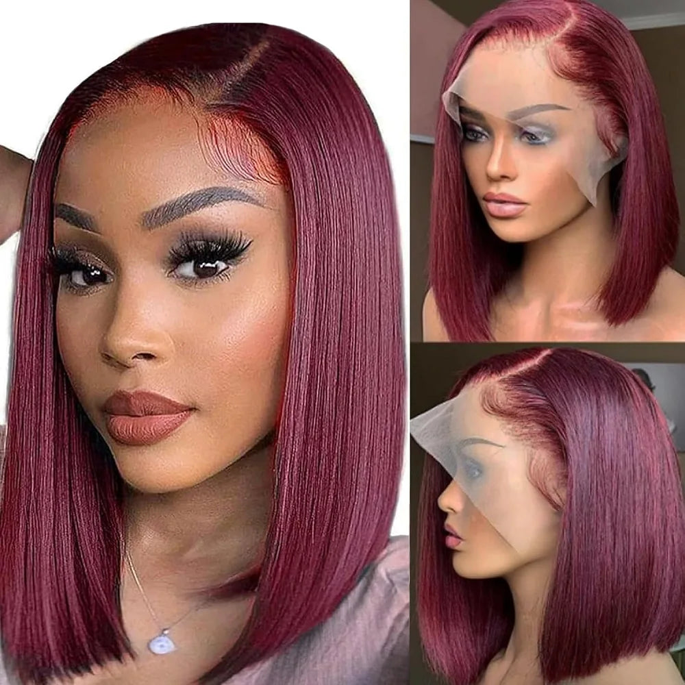 99J Burgundy Bob Wig Human Hair 14 Inch Preplucked Prebleached 13x4 HD Lace Front Wigs 200 Density Short Bob Straight Human Hair