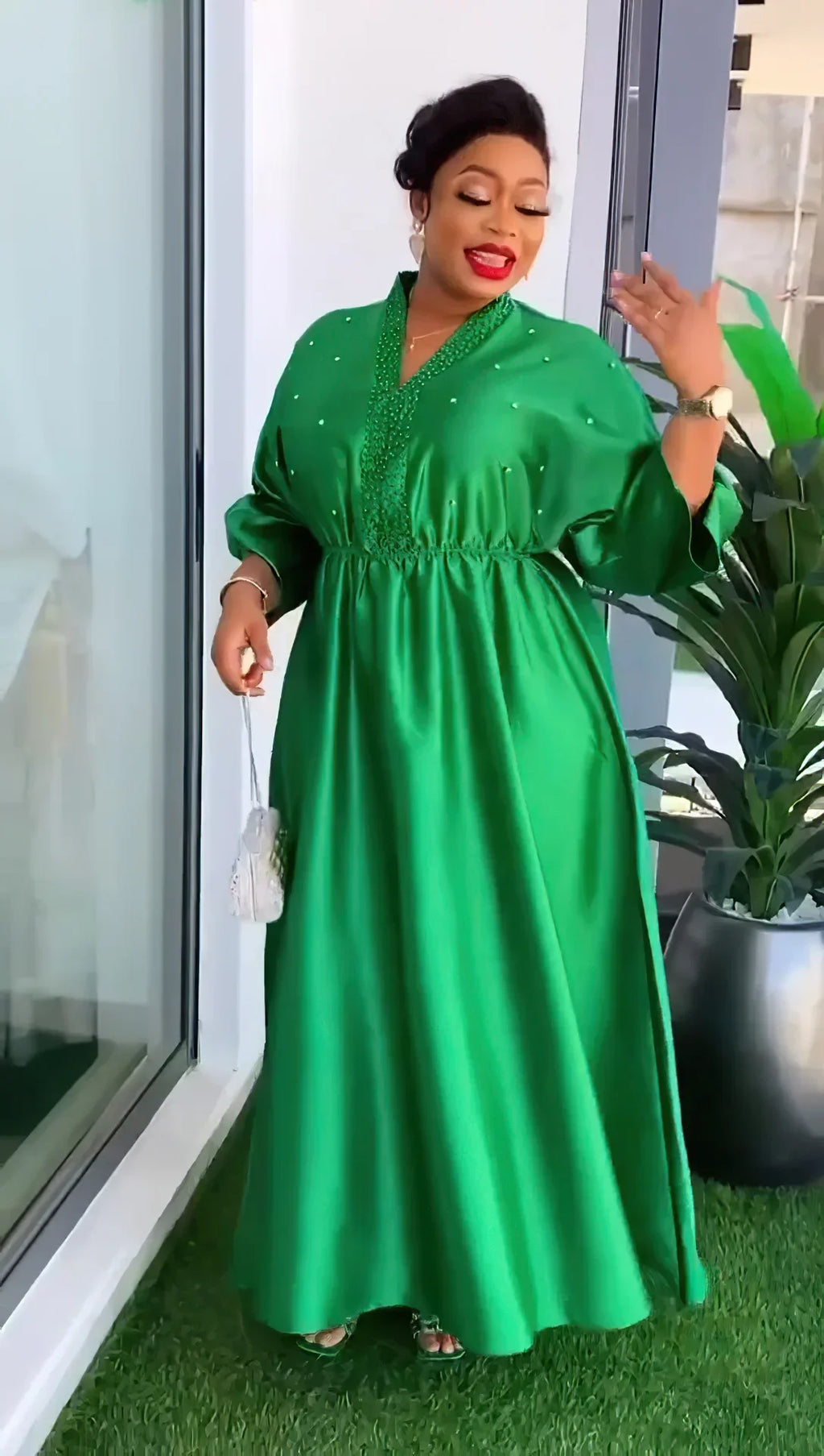 Women Elegant Shiny Satin Loose Party Dress V Neck Beading High Waist Long Gowns Formal Celebrate Evening Event Birthday Robes
