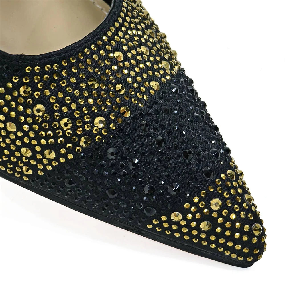 Venus Chan- Elegant High Heels Shoes and Bag Set for Women Pointed Toe Black Color Hollow Rhinestones Matching Bag INS 2024