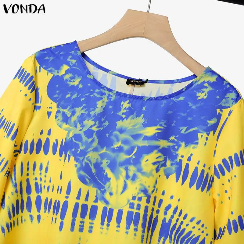 VONDA Plus Size 2PCS 5XL Women Pant Sets 3/4 Flare Sleeve Tops Long Pants Vintage Print Oversize Casual Loose 2 Piece Outfits