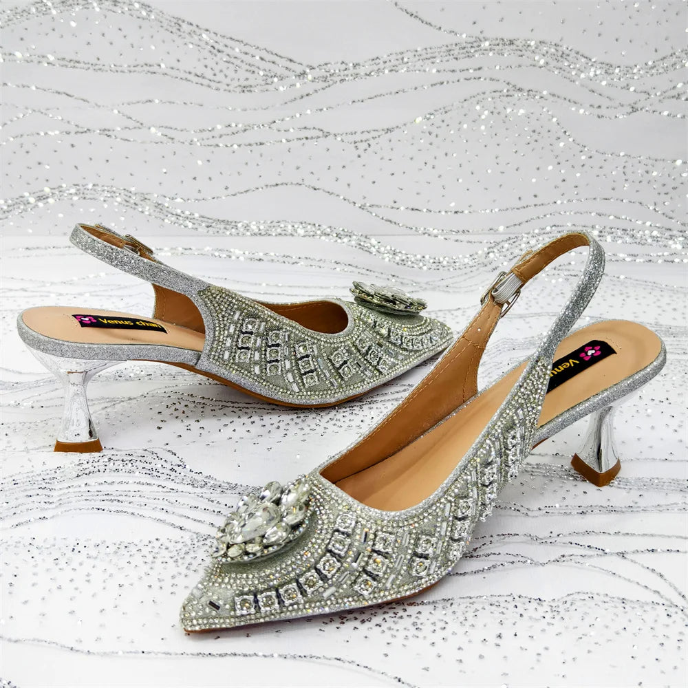 Venus Chan 2025 Elegant Rhinestone Pointed Toe Pumps With Matching Bag Set Large Size shoes Big Bag for Women's Party High Heels