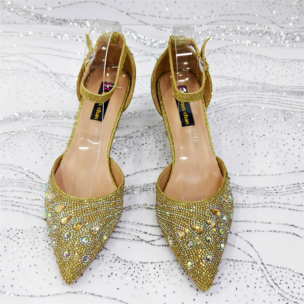 Elegant Italian Rhinestone Pointed-Toe High Heel Shoes with Matching Handbag Set - Stylish & Comfortable Women's Footwear