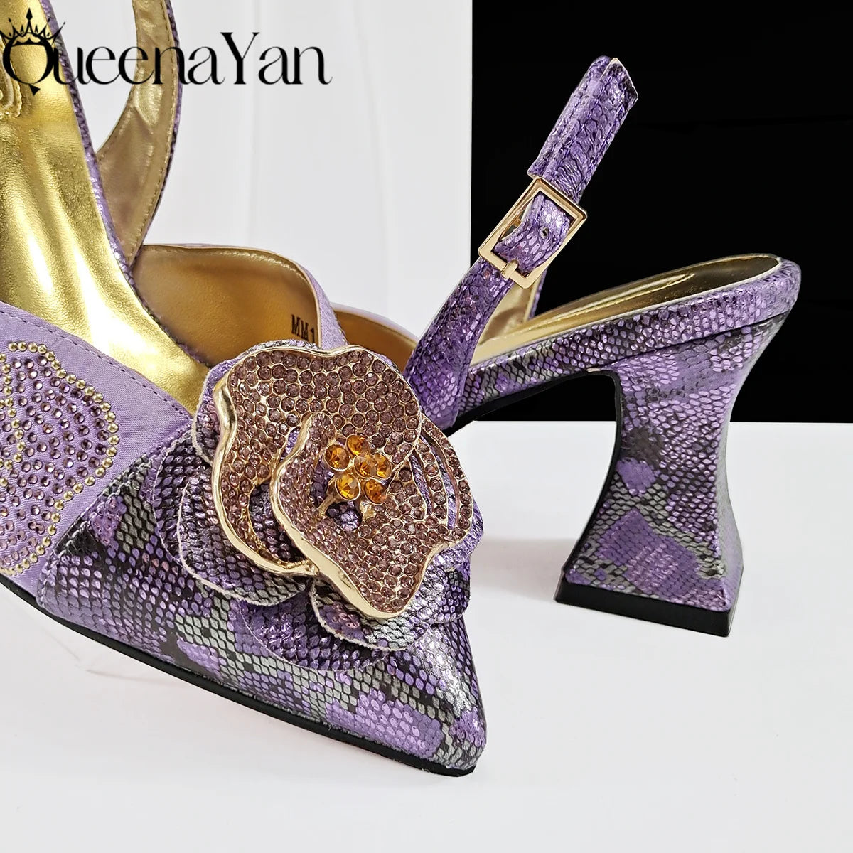 Queena Yan 2025 Elegant Lilac Color Women's Heels Handbag Set Rhinestone Embellished Designer Shoes for Weddings Special Events