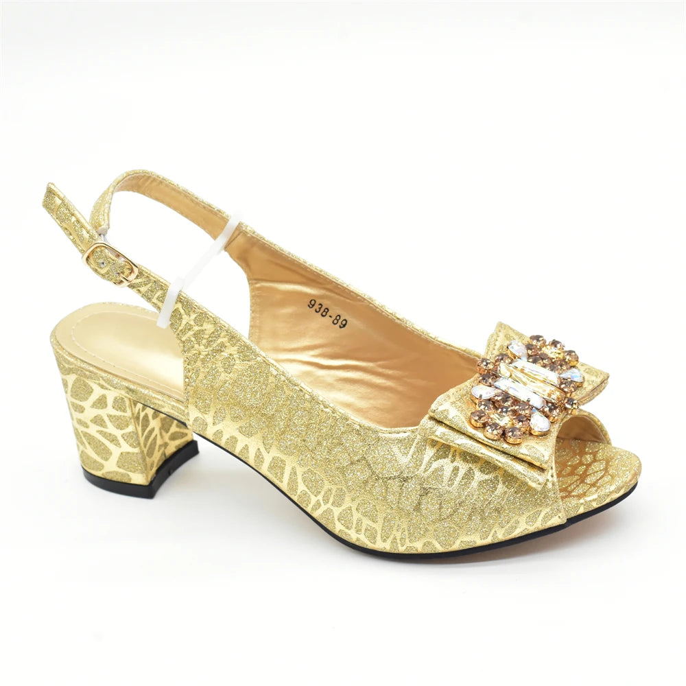 New Arrival Shoes and Bags To Match Set Nigeria Party Luxury Gold Color Wedding Italian Shoes Bag Set Decorated with Rhinestone