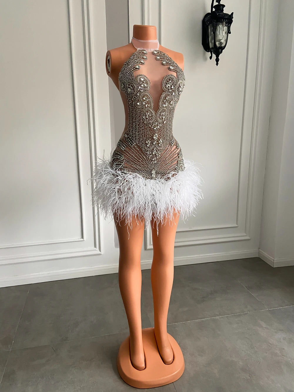Sparkly Handmade Crystals Women Birthday Party Gowns Sexy See Through White Feather Black Girls Short Mini Prom Dress 2025