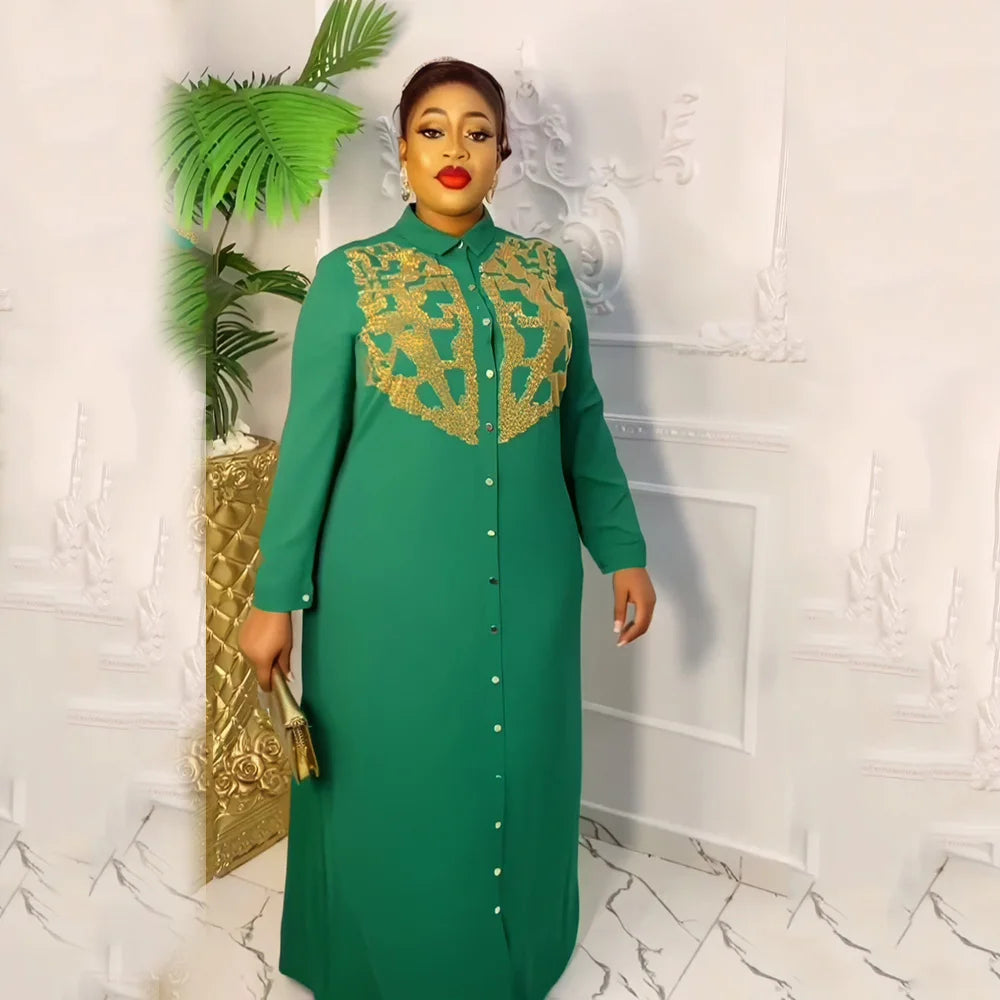 African American expensive shirtdress solid color front and rear heavy rhinestone embellishment BOUBOU