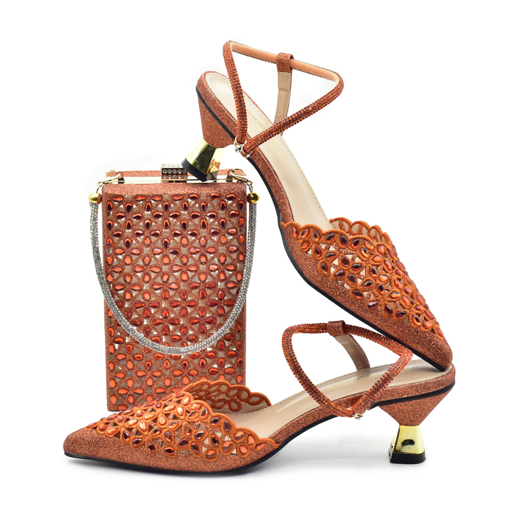 2024 Nigerian Style Rhinestone Low Heel Sandals for Women Fashion Party Women Wedding Shoes and Bags Set Wedding Shoes Bride