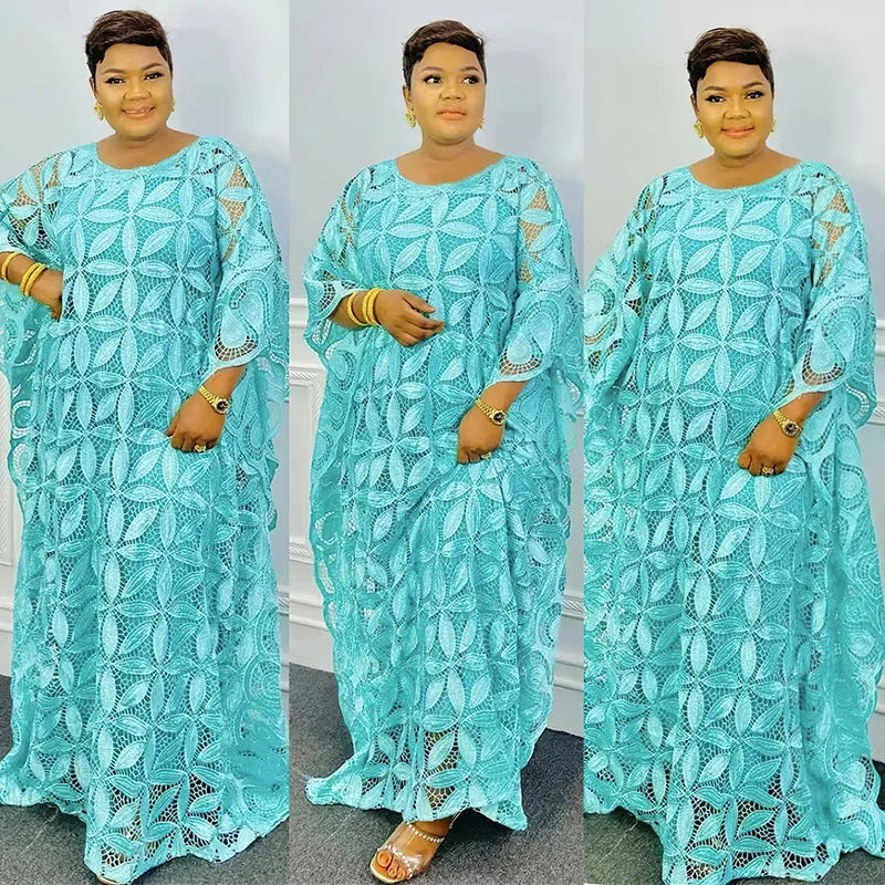 White Lace Hollow Africa Dresses for 2023 Muslim Women Dress African Clothes Dashiki Taditional Boubou Arabic Robe Femme Ramadan