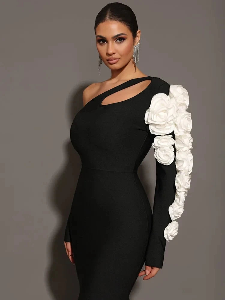 2025 New Sexy One Shoulder Key Hole Flower Maxi Long Bodycon Bandage Dress Women Knitted Elegant Evening Club Party Outfit
