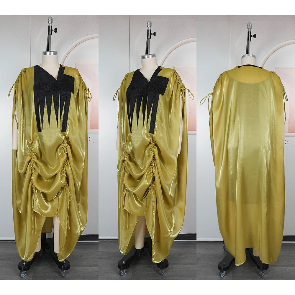 H&D African Women Plus Size Clothes New Arrival V-Neck Batwing Sleeve Embroidered Ruched Irregular Dress Wedding Gown Bubu Robe