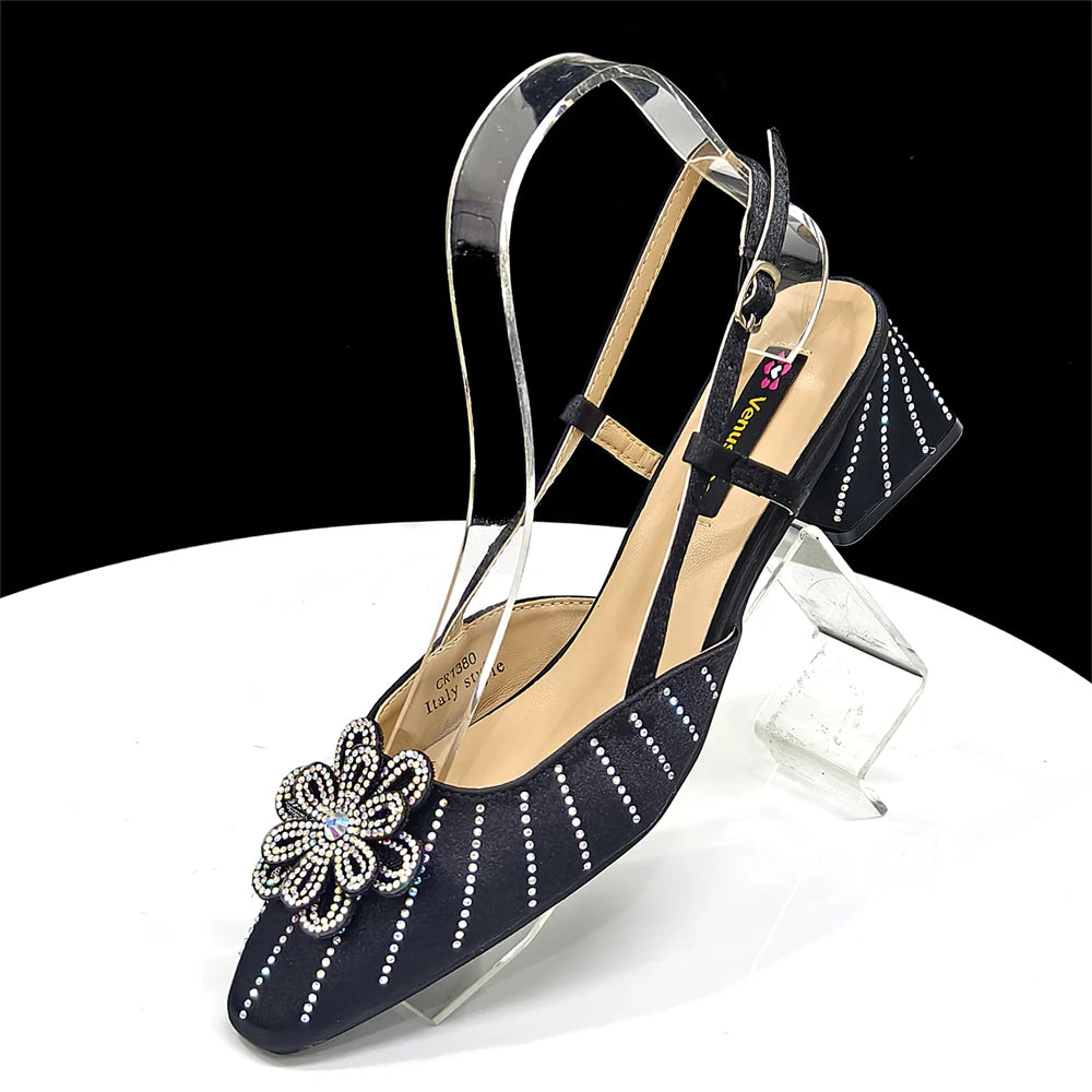 2026 New Elegant Italian Women's Black Heels with Rhinestones and Floral Accents & Matching Clutch Bag Set – Ideal for Parties