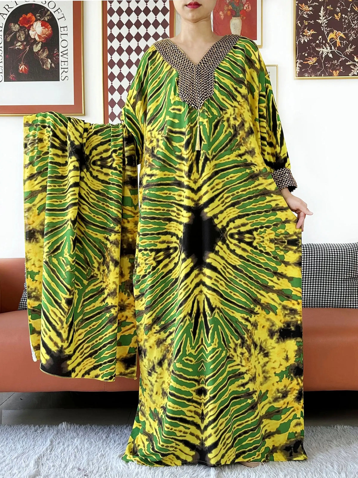 2025 Long Sleeve Embroidered V-Neck Cotton Women Loose Abaya Boho Maxi Dress Casual Fashion Dress African Vestidos