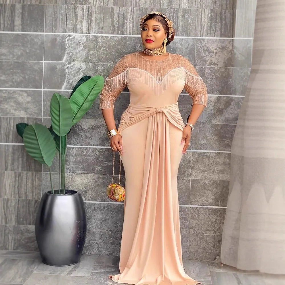 Luxury Women Mermaid Bodycon Dress Patchwork O Neck Fringe Sheer Sequin Sleeves Draped African Party Weddings Formal Occasions
