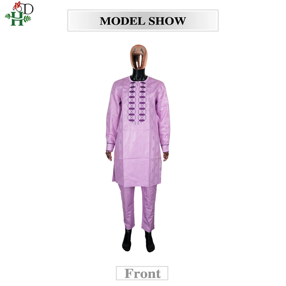 H&D African Clothing For Man Traditional Agbada Sets 2PCS Purple Bazin Riche Shirt Pant Embroidery Wedding Party Suits Plus Size