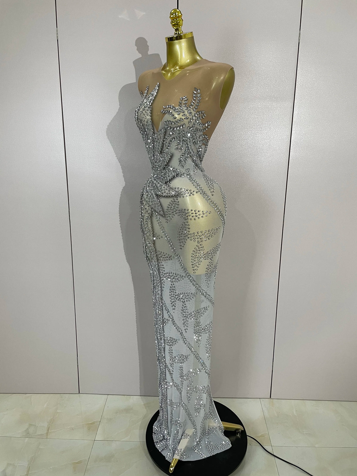 Women Luxury Rhinestone Sleeveless Silver Long Dress Sexy Mesh See Through Evening Prom Birthday Photo Shoot Singer Stage Outfit