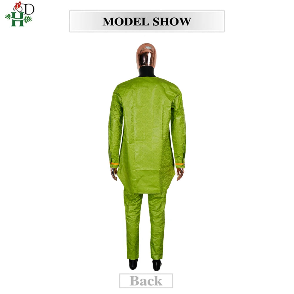 H&D African Clothing For Man Traditional Agbada Sets 2PCS Green Bazin Riche Shirt Pant Embroidered Wedding Party Suits Plus Size