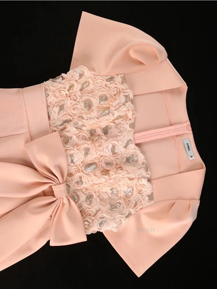 Sweetheart Neck Short Sleeve Patchwork Wedding Guest Dress with Bow 3D Rose Sequin Detail Package Hip Elegant Knee-Length Dress