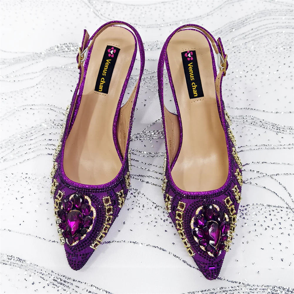 Venus Chan 2025 Elegant Rhinestone Pointed Toe Pumps With Matching Bag Set Large Size shoes Big Bag for Women's Party High Heels