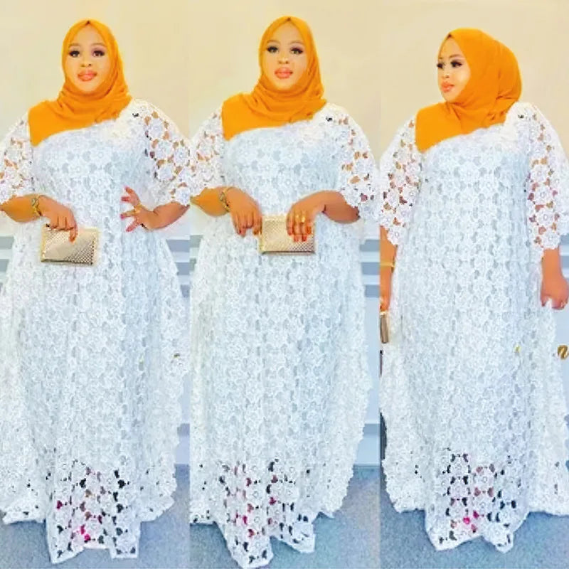 White Lace Hollow Africa Dresses for 2023 Muslim Women Dress African Clothes Dashiki Taditional Boubou Arabic Robe Femme Ramadan