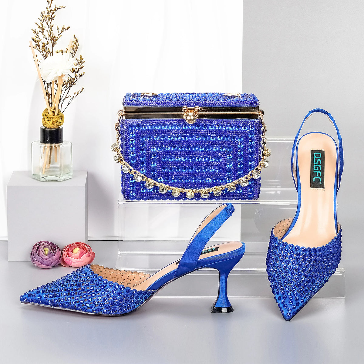 Doershow beautiful Italian blue Shoes And Bag Sets For Evening Party With Stones Italian Leather Handbags Match Bags! HGG1-39