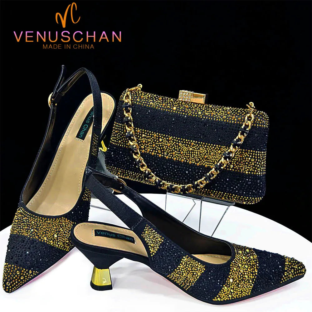 Venus Chan- Elegant High Heels Shoes and Bag Set for Women Pointed Toe Black Color Hollow Rhinestones Matching Bag INS 2024