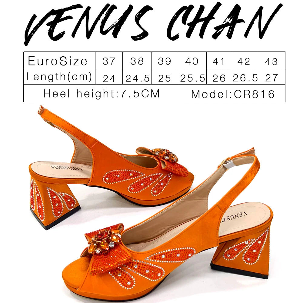 Venus Chan Italian Shoes and Bags Matching Set 2024 Peep Toe High Heels Peach Colour Bow Rhinestones Women Shoes for Party