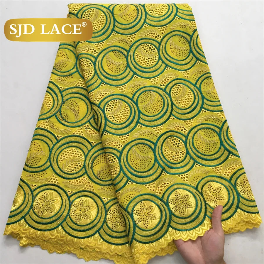 SJD LACE Swiss Voile African Stones Cotton Lace Fabrics 5 Yards 2024 High Quality Nigerian Lace for Women Party Dresses Sew 4079