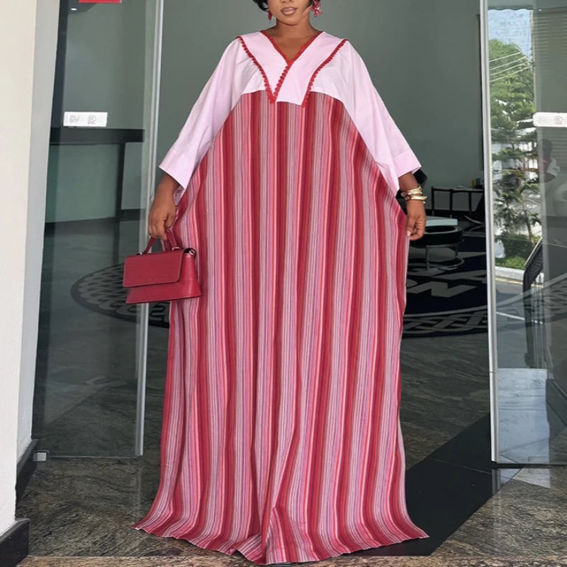 African Kaftan Bubu Dress Women Striped Printed V Neck 3/4 Sleeve Loose Maxi Gowns Elegant for Wedding Ramadan and Formal Event