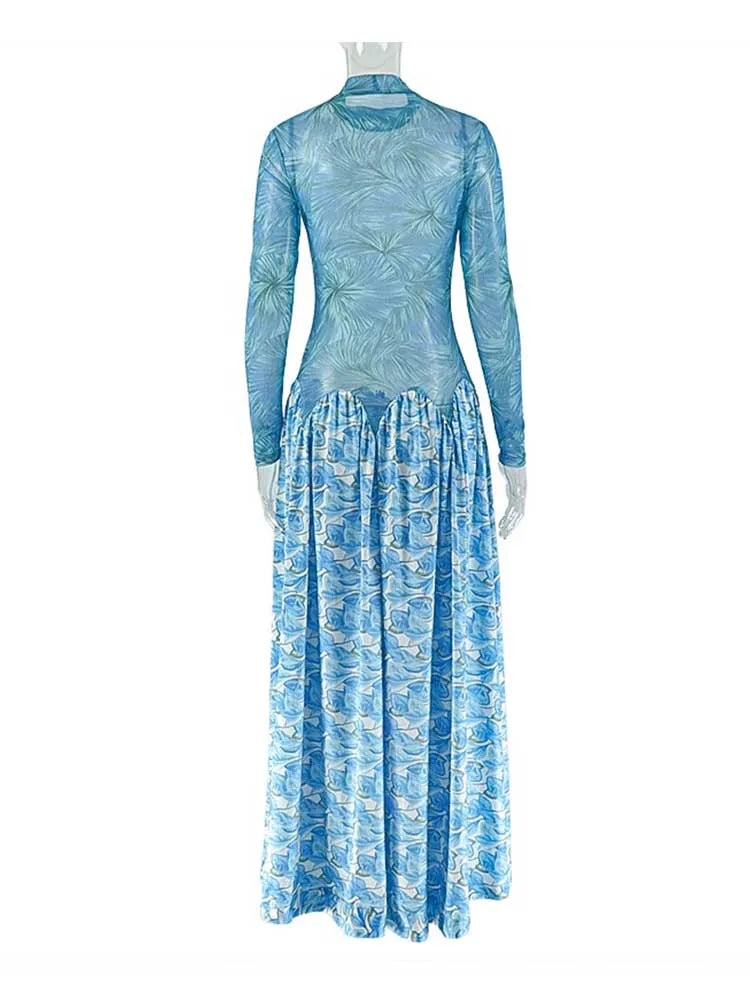 A Line Maxi Dress for Women Autumn Light Blue Long Sleeve Dress Slim Waist Mid-turtleneck Chic Elegant Evening Dresses Ladies