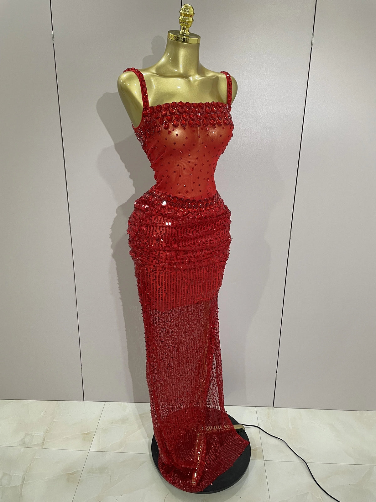 Sparkly Red Rhinestones Sequins Sexy See Through 2PCS Long Dress 2025Women Celebrate Evening Birthday Party Dress Stage Costumes