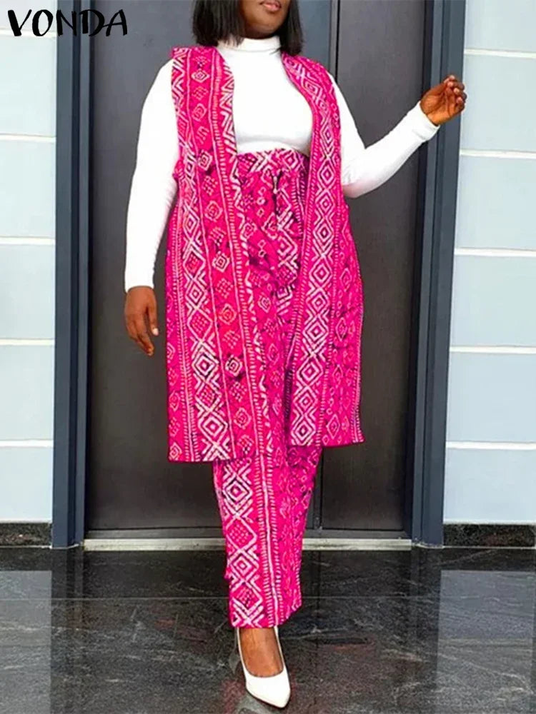 VONDA Plus Size Women Sexy Sleeveless Wide Leg Pants Sets 2024 Summer Vintage Tops Sets Bohemian Printed Suits Elegant Outfits
