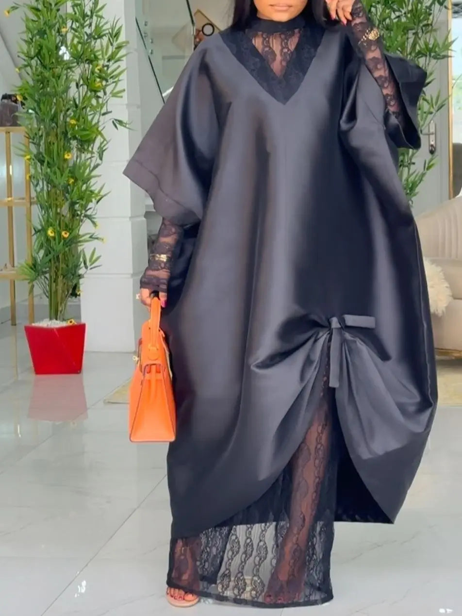 Elegant Shiny Bubu African Dresses for Women Two-Piece Set Lace inside Long Loose Dashiki Traditional Clothing Summer Party Wear