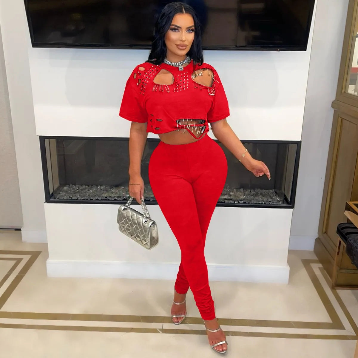 Joskaa Elegant 2 Piece Set Women Sexy Hollow Pin Short Sleeve Crop Tops and Pencil Pants Matching 2025 Summer Party Club Outfits