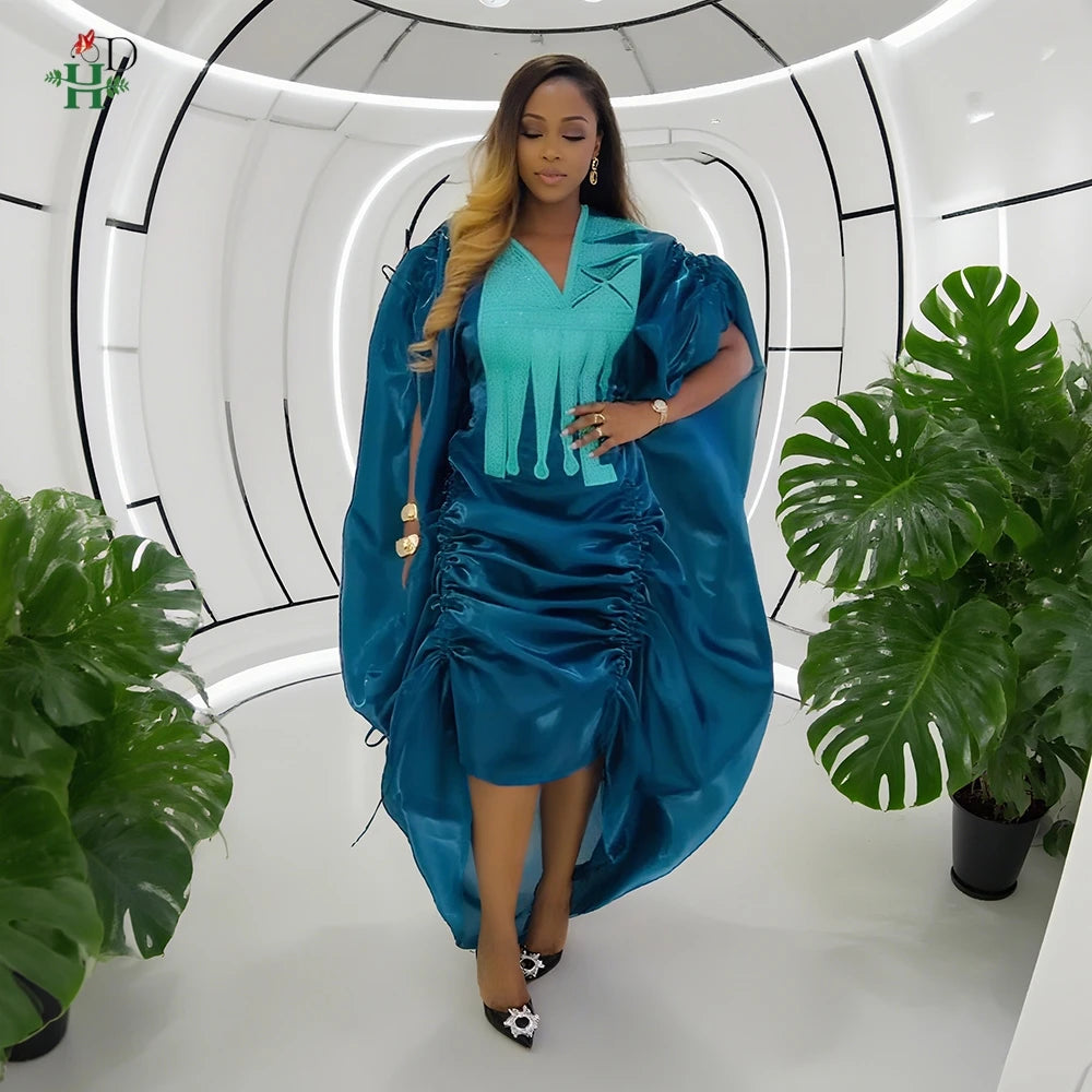 H&D African Women Plus Size Clothes New Arrival V-Neck Batwing Sleeve Embroidered Ruched Irregular Dress Wedding Gown Bubu Robe