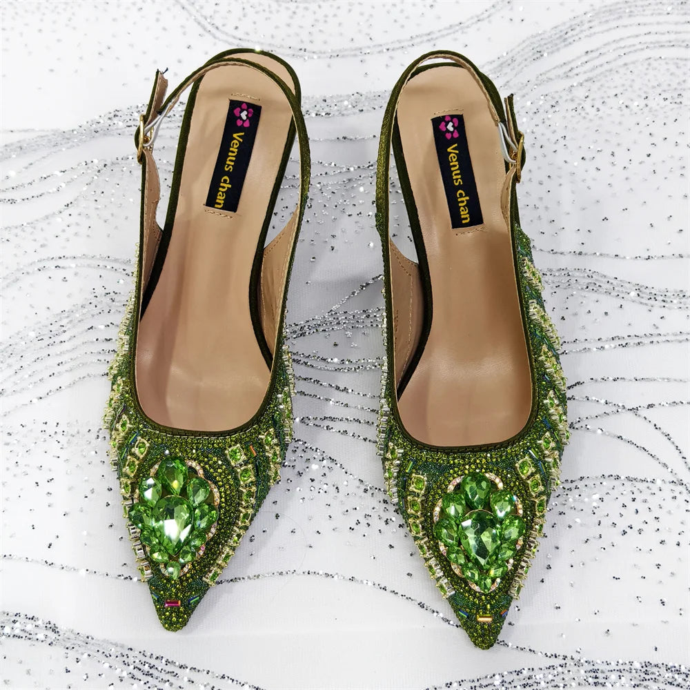 Venus Chan 2025 Elegant Rhinestone Pointed Toe Pumps With Matching Bag Set Large Size shoes Big Bag for Women's Party High Heels
