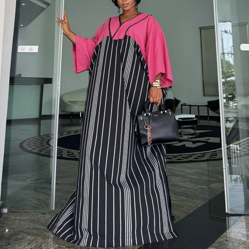 African Kaftan Bubu Dress Women Striped Printed V Neck 3/4 Sleeve Loose Maxi Gowns Elegant for Wedding Ramadan and Formal Event